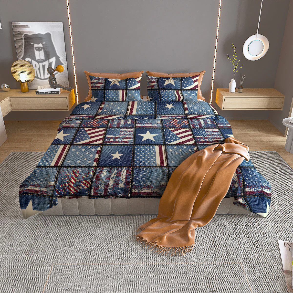 Patchwork USA Denim Print Pattern Duvet Cover Bedding Set