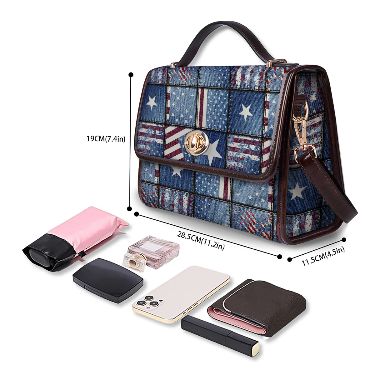 Patchwork USA Denim Print Pattern Women's Satchel Bag - Image 4