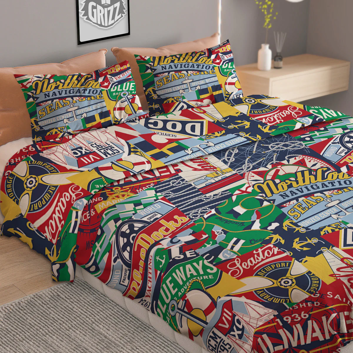 Patchwork Vintage Nautical Print Pattern Duvet Cover Bedding Set - Image 2