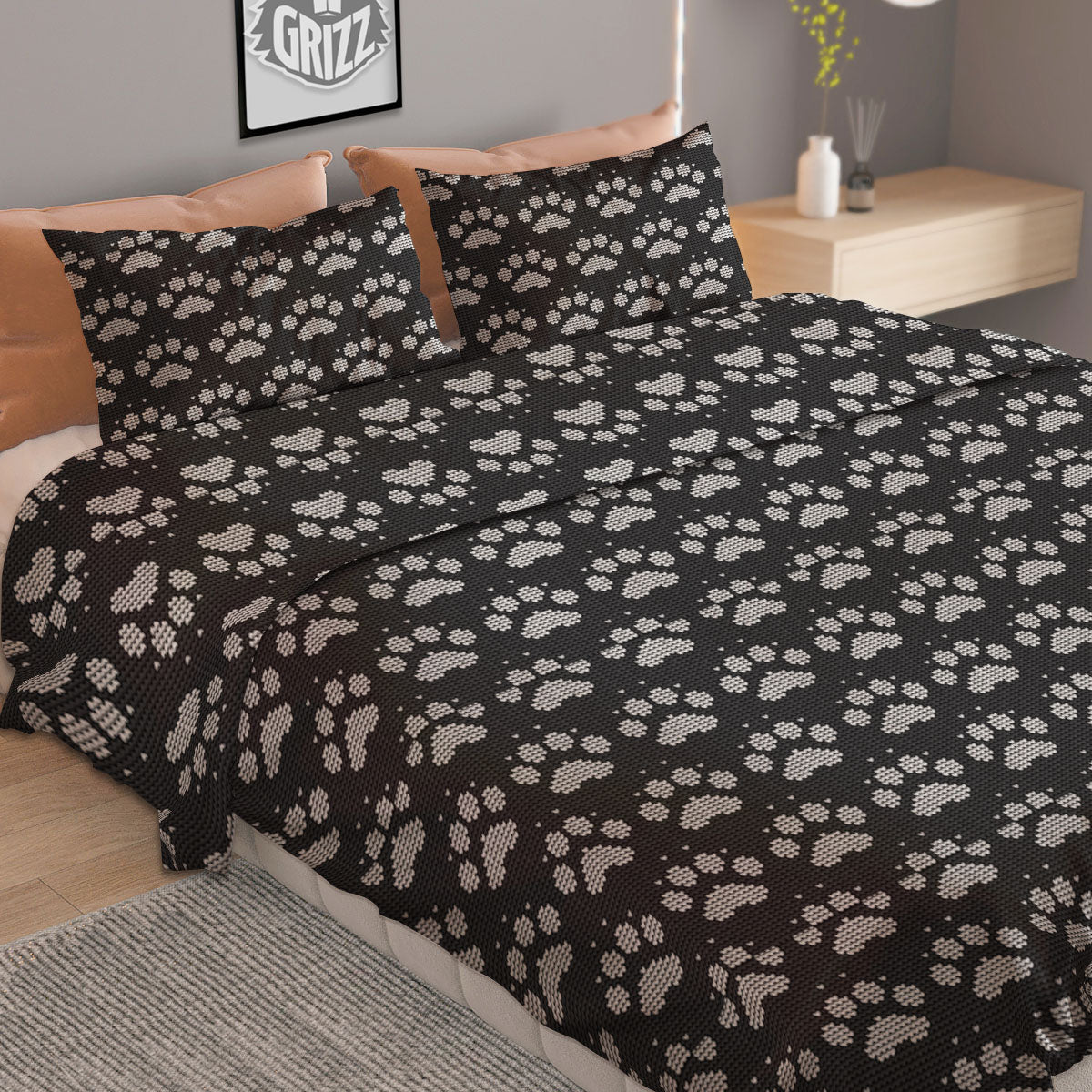 Paw Knitted White And Grey Print Pattern Duvet Cover Bedding Set - Image 2