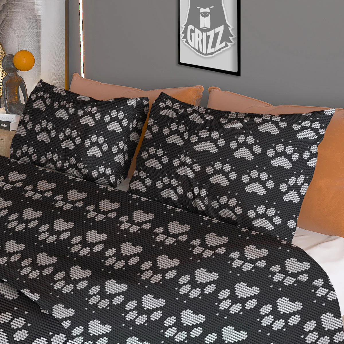 Paw Knitted White And Grey Print Pattern Duvet Cover Bedding Set - Image 3