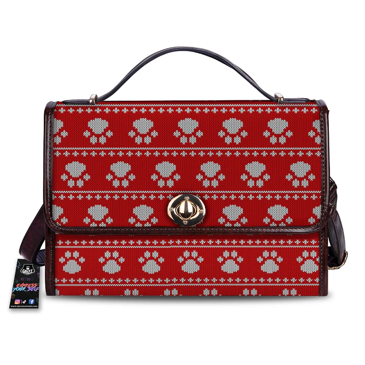 Paw Knitted White And Red Print Pattern Women's Satchel Bag