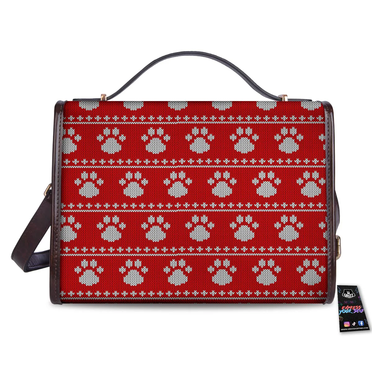 Paw Knitted White And Red Print Pattern Women's Satchel Bag - Image 2