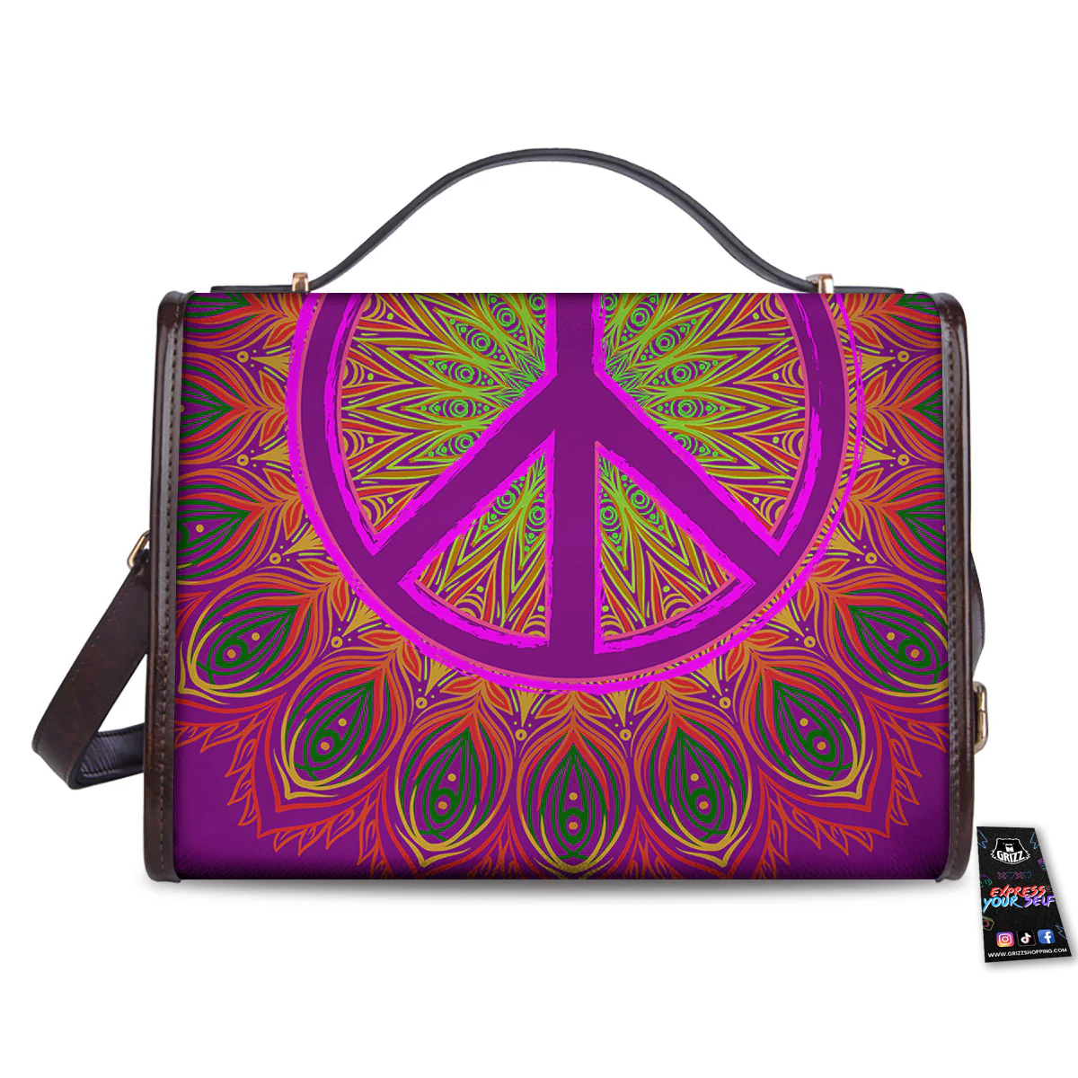 Peace Sign Psychedelic Hippie Print Women's Satchel Bag - Image 2