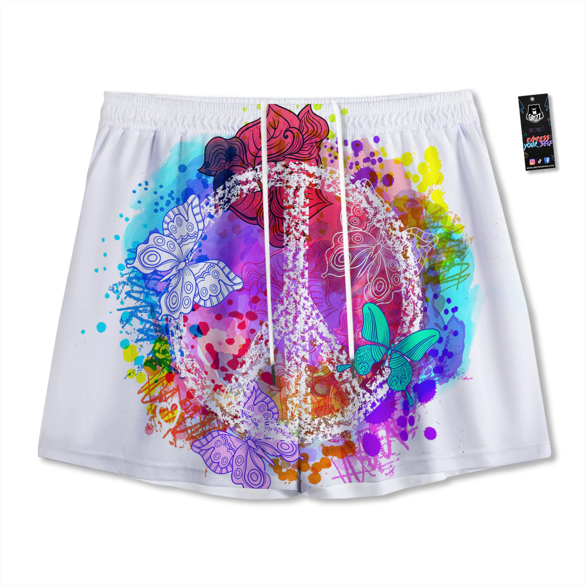 Peace Signs Colorful Hippie Print Mesh Shorts
