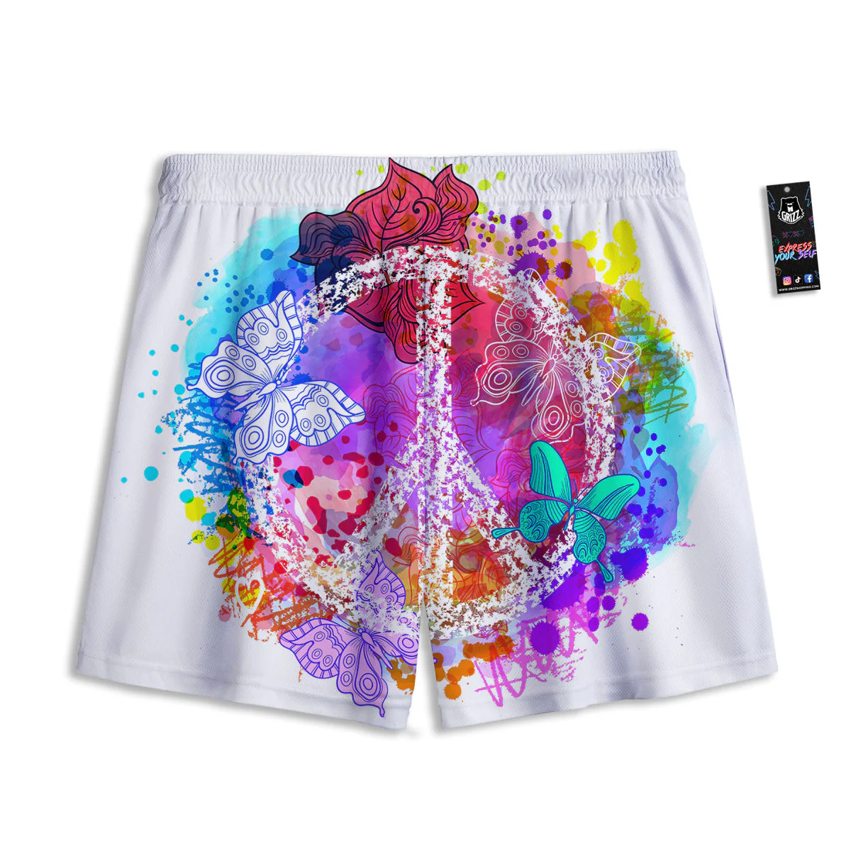 Peace Signs Colorful Hippie Print Mesh Shorts - Image 2