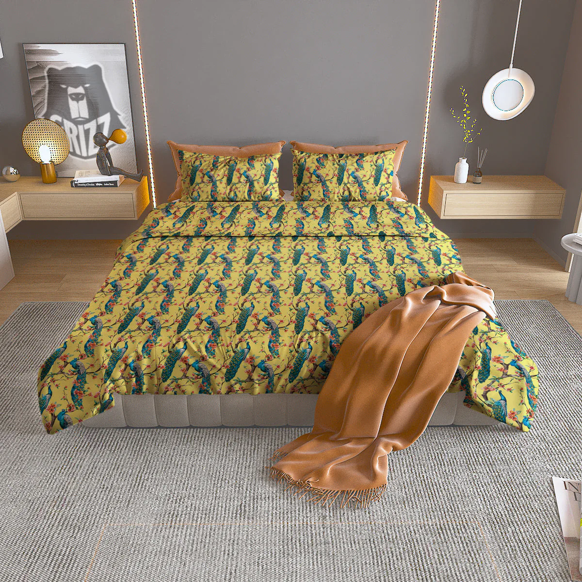 Peacock Cherry Blossom Print Duvet Cover Bedding Set