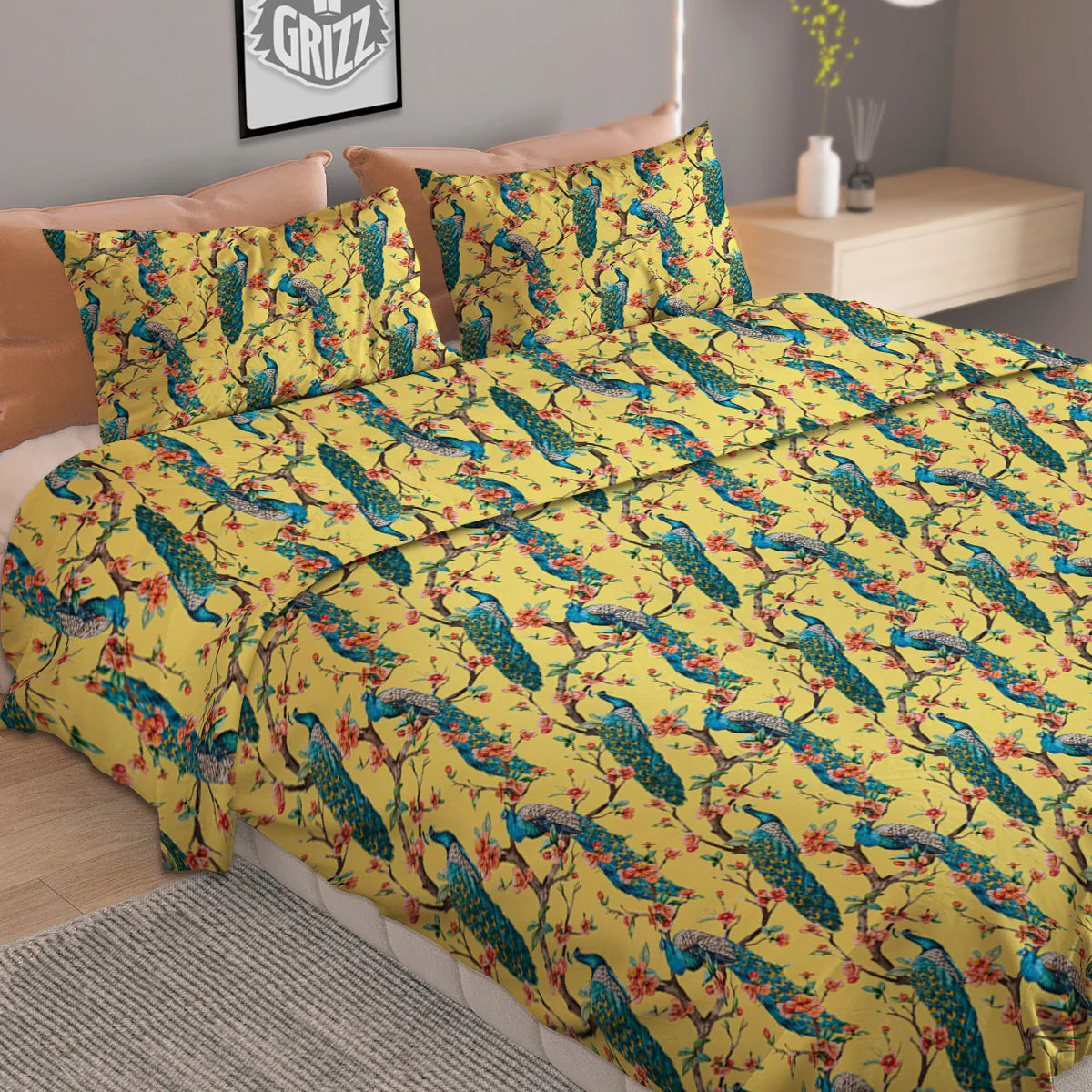 Peacock Cherry Blossom Print Duvet Cover Bedding Set - Image 2