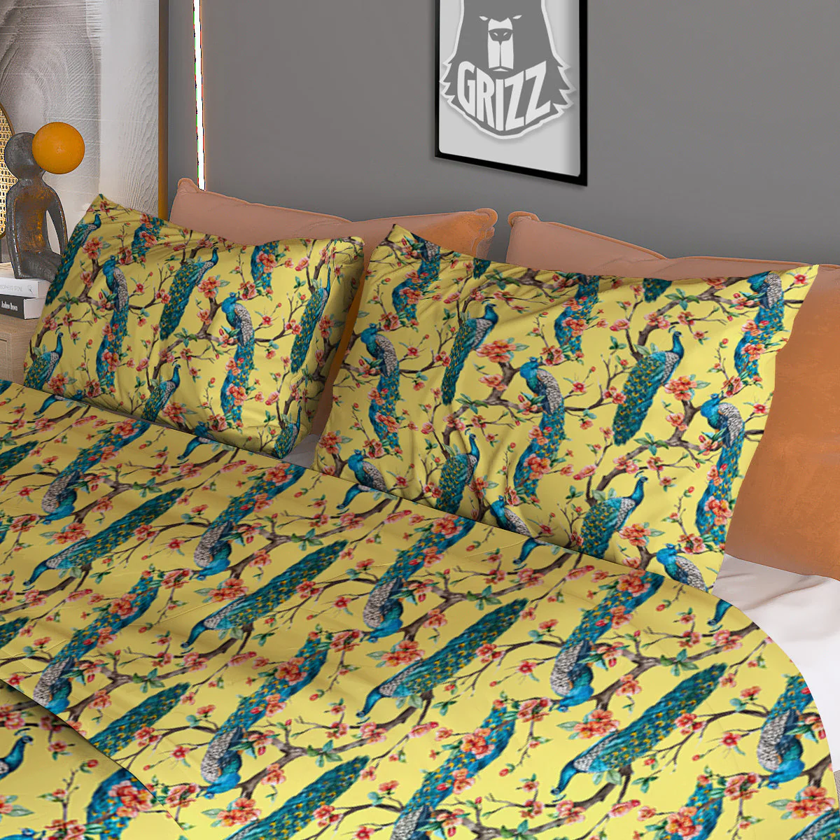 Peacock Cherry Blossom Print Duvet Cover Bedding Set - Image 3