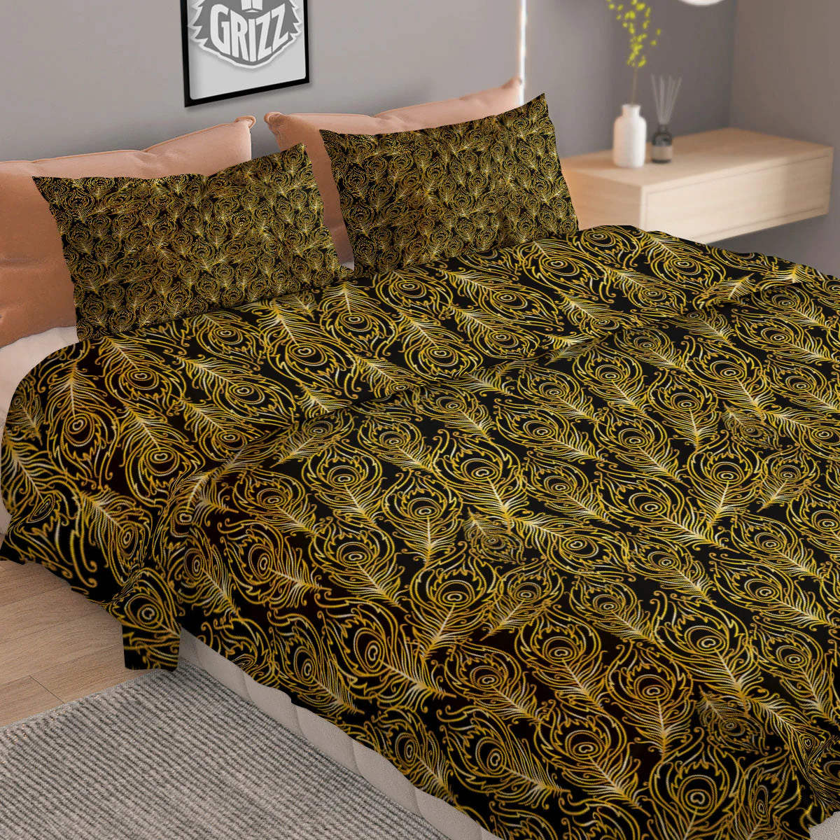 Peacock Feather Gold And Black Print Duvet Cover Bedding Set - Image 2