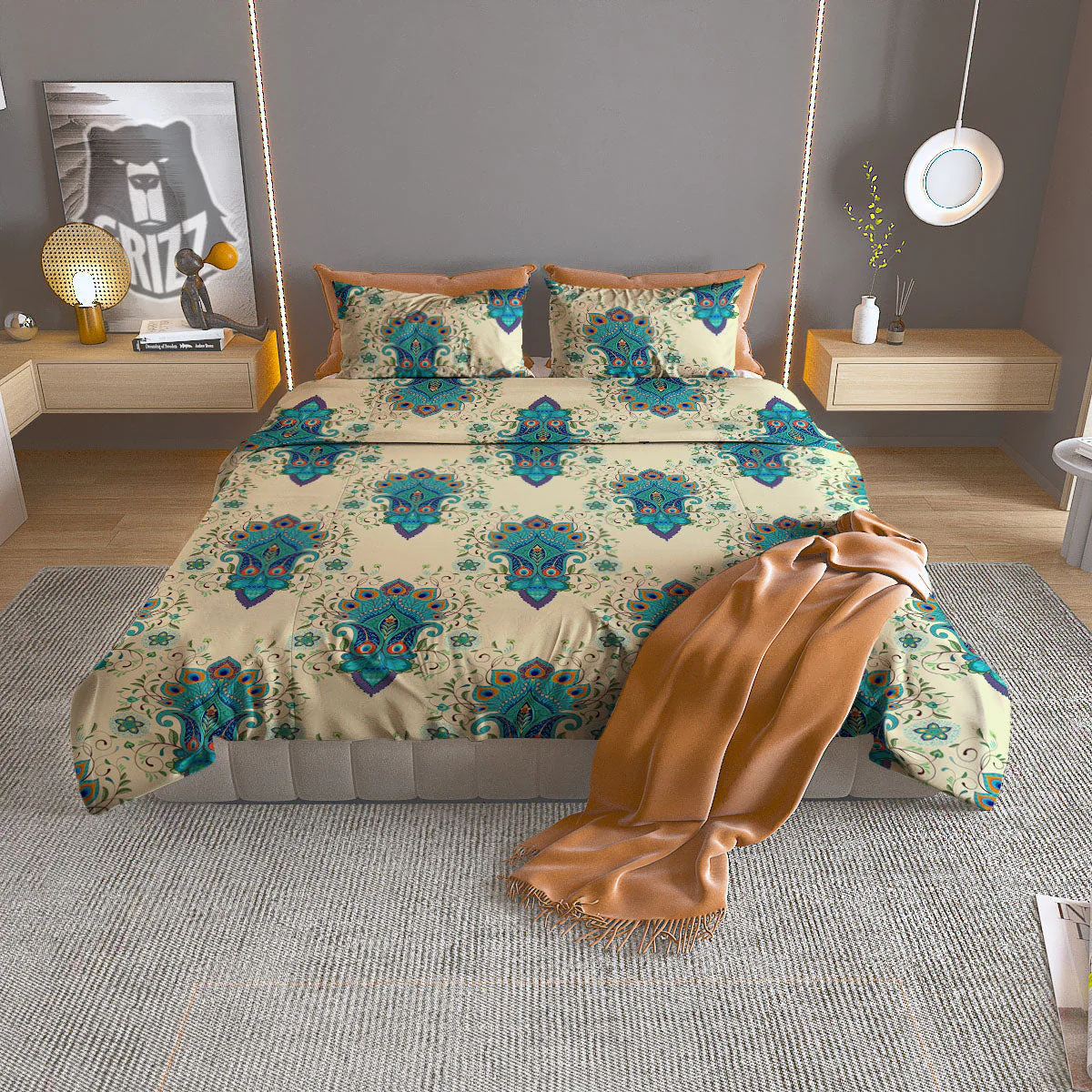 Peacock Feather Vintage Print Pattern Duvet Cover Bedding Set