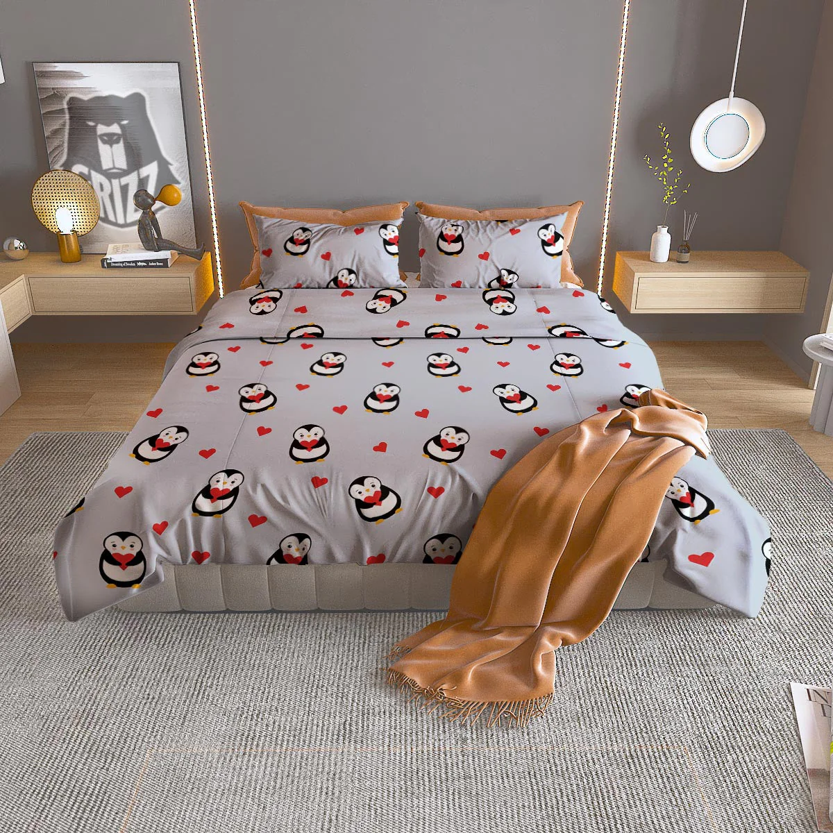 Penguin And Red Heart Print Pattern Duvet Cover Bedding Set