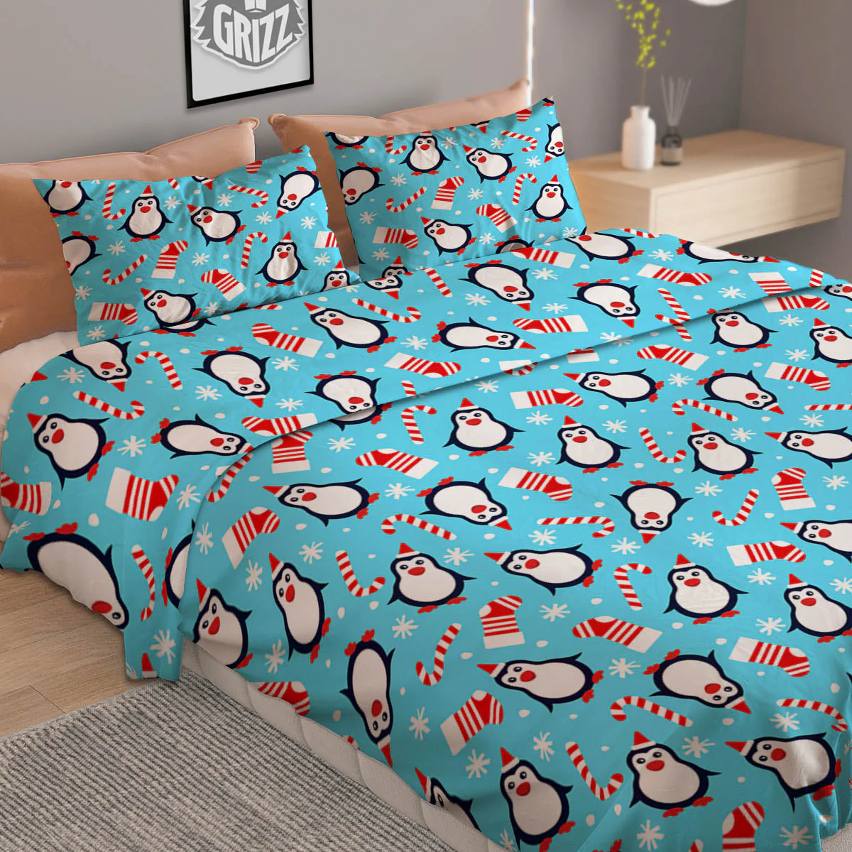 Penguin Christmas Santa Print Pattern Duvet Cover Bedding Set - Image 2