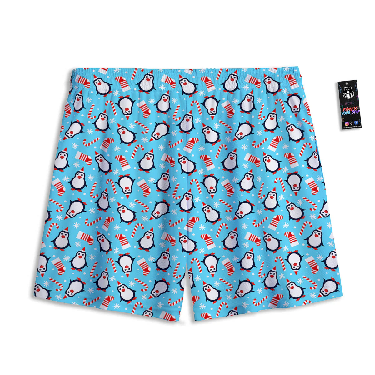 Penguin Christmas Santa Print Pattern Mesh Shorts - Image 2