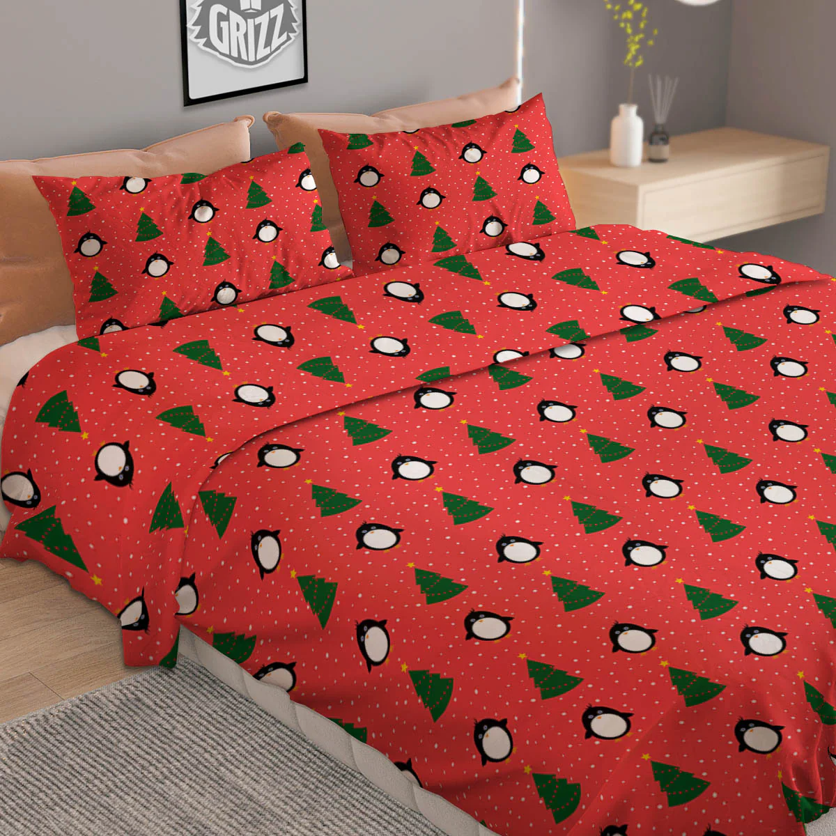 Penguin Christmas Snowy Print Pattern Duvet Cover Bedding Set - Image 2