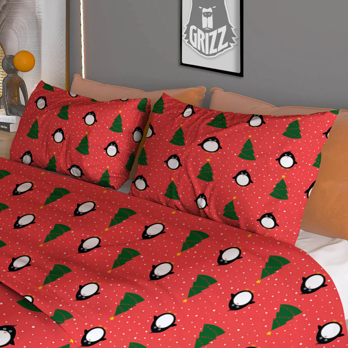 Penguin Christmas Snowy Print Pattern Duvet Cover Bedding Set - Image 3