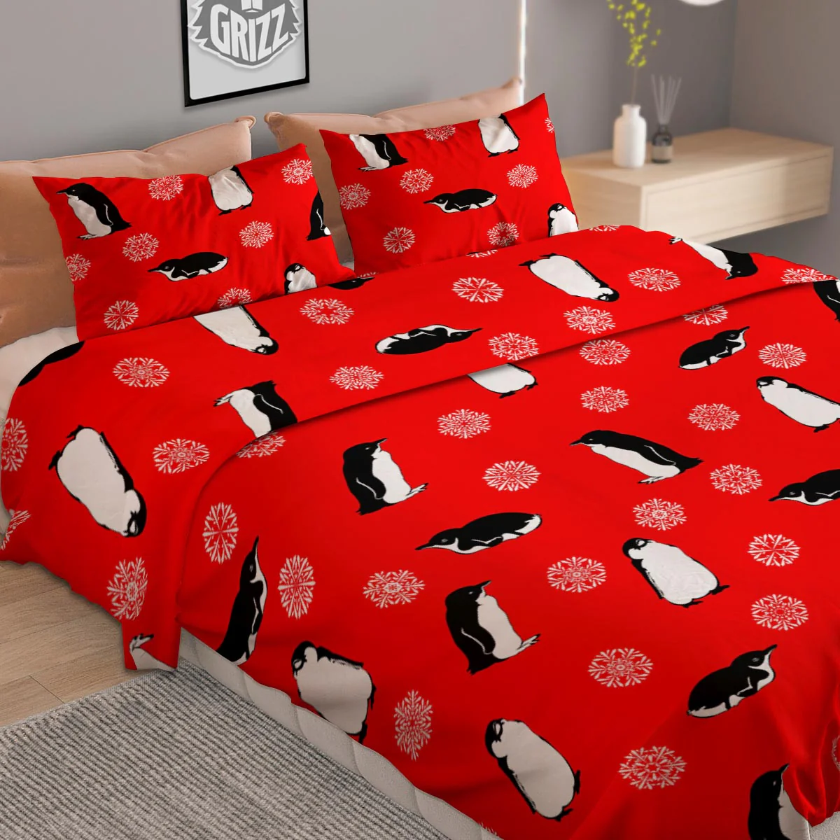 Penguin Red Snow Print Pattern Duvet Cover Bedding Set - Image 2