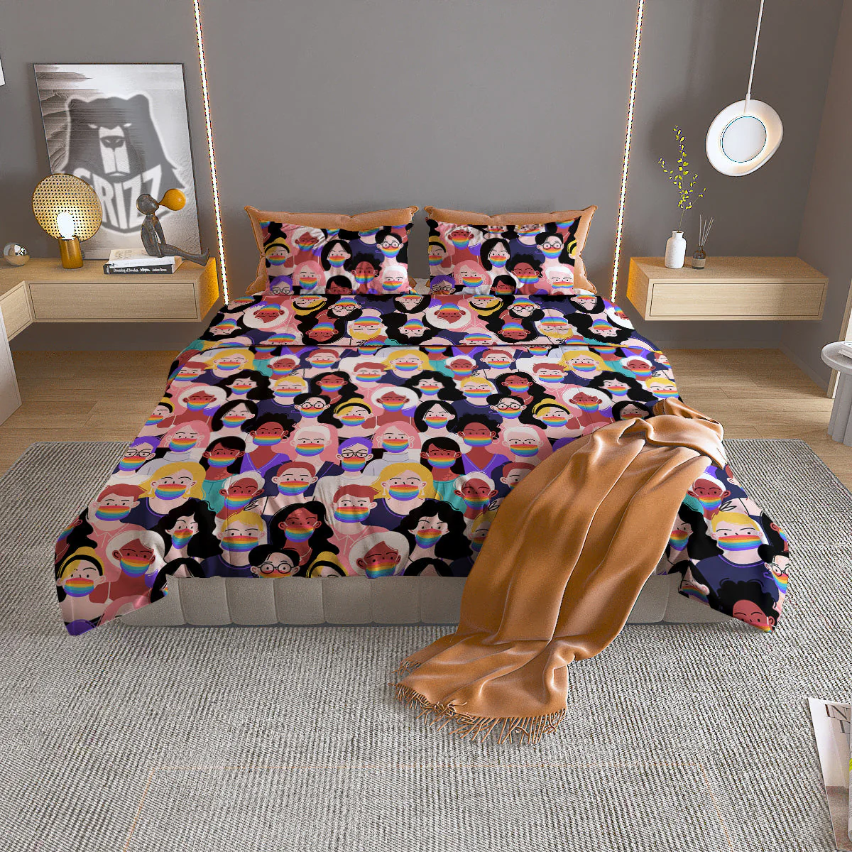 People And Rainbow Face Masks Print Pattern Duvet Cover Bedding Set