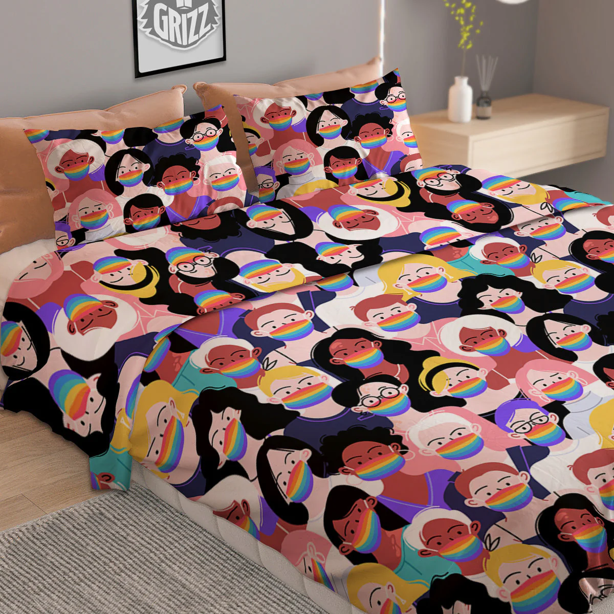People And Rainbow Face Masks Print Pattern Duvet Cover Bedding Set - Image 2
