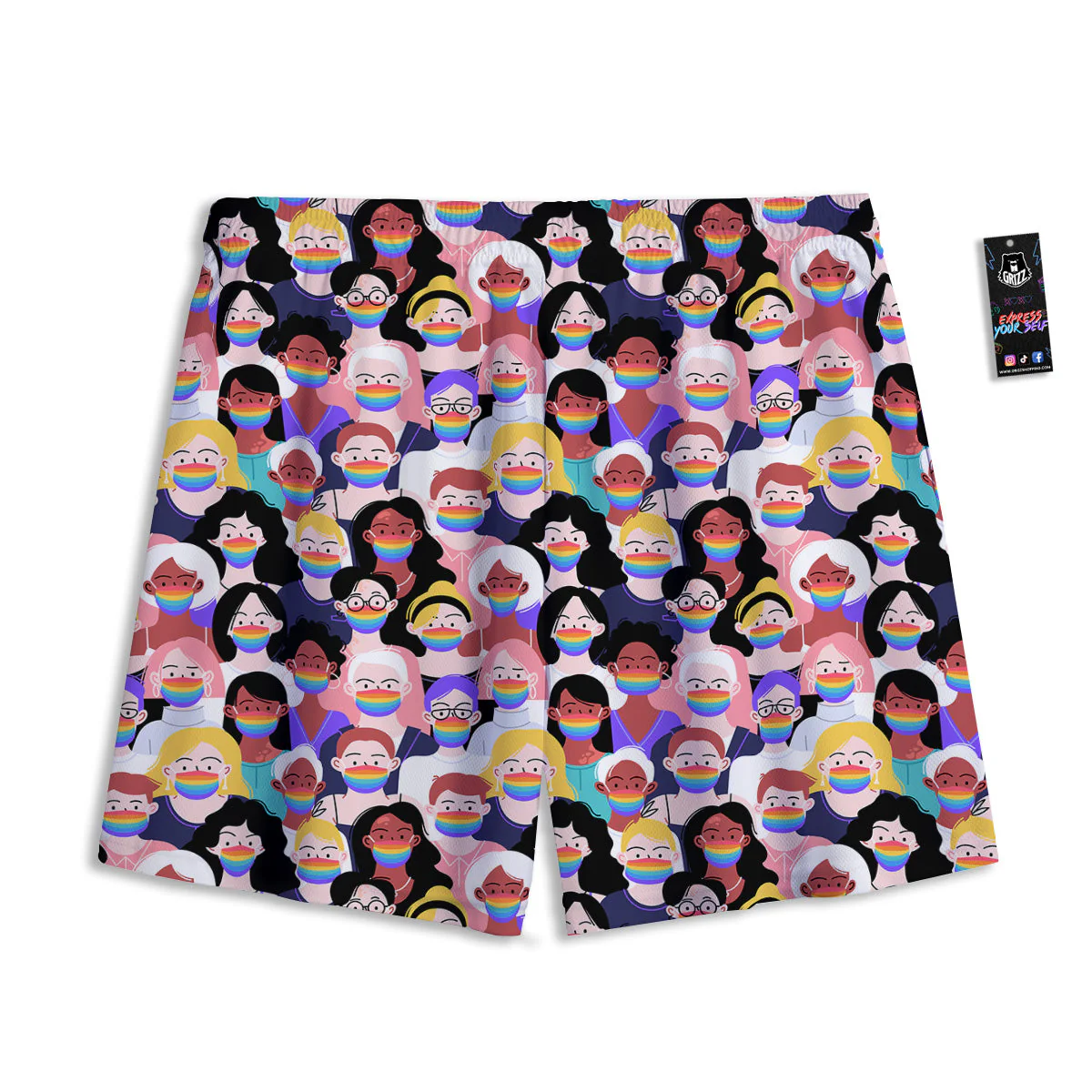 People And Rainbow Face Masks Print Pattern Mesh Shorts - Image 2