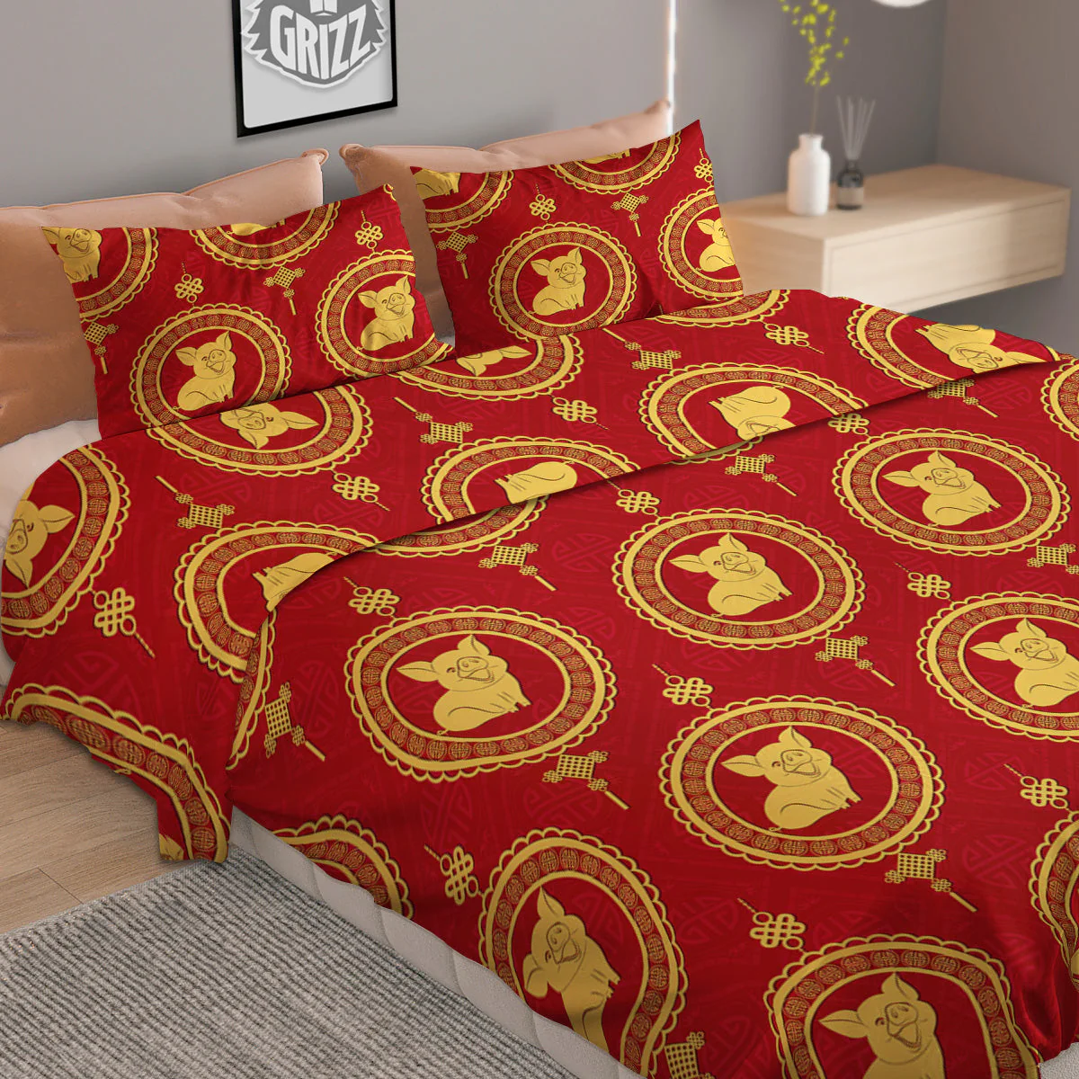 Pig And Chinese New Year Print Pattern Duvet Cover Bedding Set - Image 2