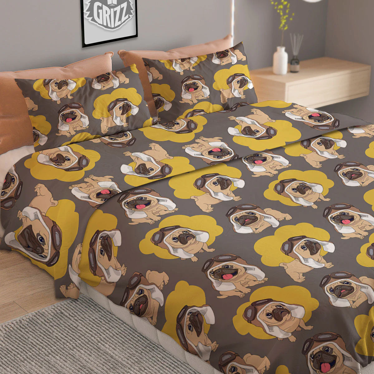 Pilot Pug Print Pattern Duvet Cover Bedding Set - Image 2