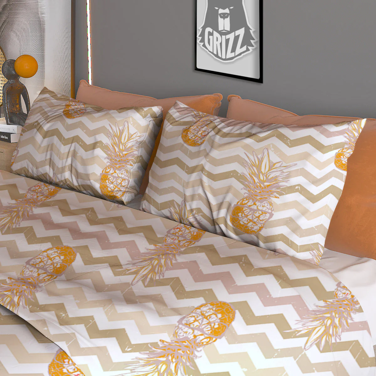 Pineapple Beige Zig Zag Print Pattern Duvet Cover Bedding Set - Image 3