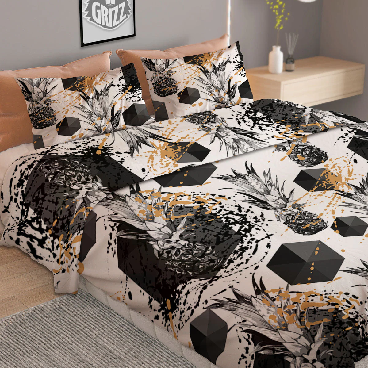 Pineapple Black Geometric Print Pattern Duvet Cover Bedding Set - Image 2