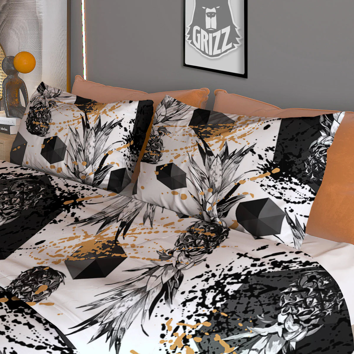 Pineapple Black Geometric Print Pattern Duvet Cover Bedding Set - Image 3