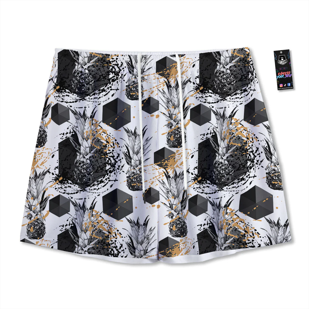 Pineapple Black Geometric Print Pattern Mesh Shorts