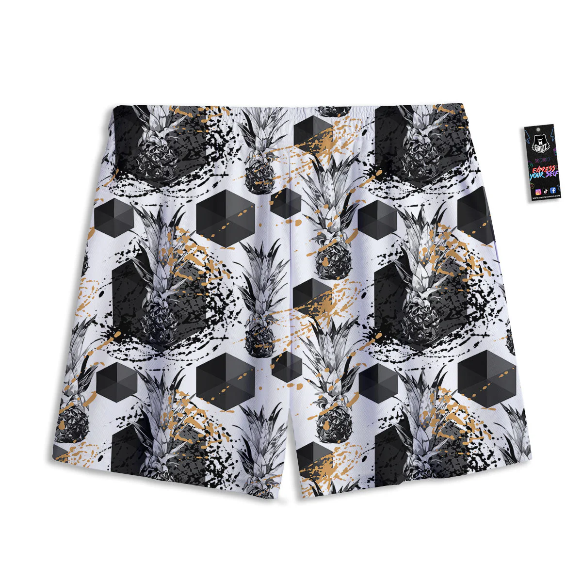 Pineapple Black Geometric Print Pattern Mesh Shorts - Image 2