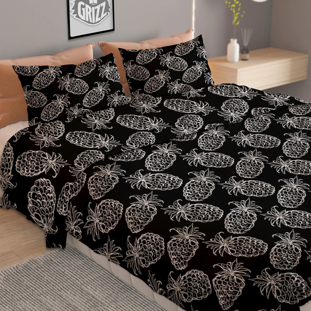 Pineapple Black Hawaiian Print Pattern Duvet Cover Bedding Set - Image 2