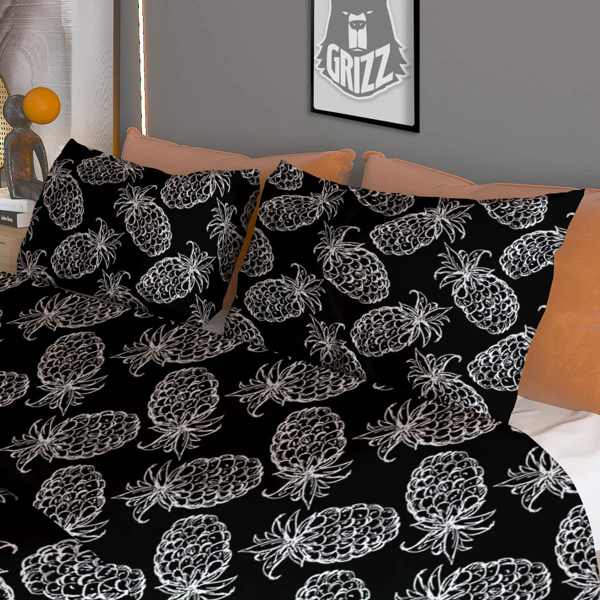 Pineapple Black Hawaiian Print Pattern Duvet Cover Bedding Set - Image 3