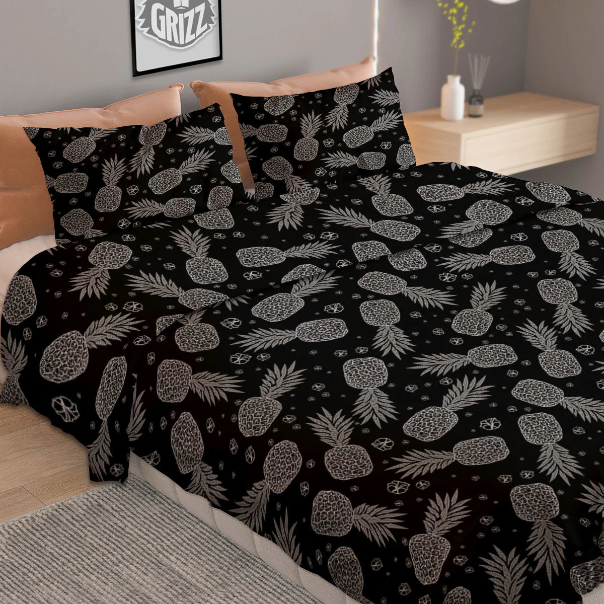 Pineapple Black Print Pattern Duvet Cover Bedding Set - Image 2
