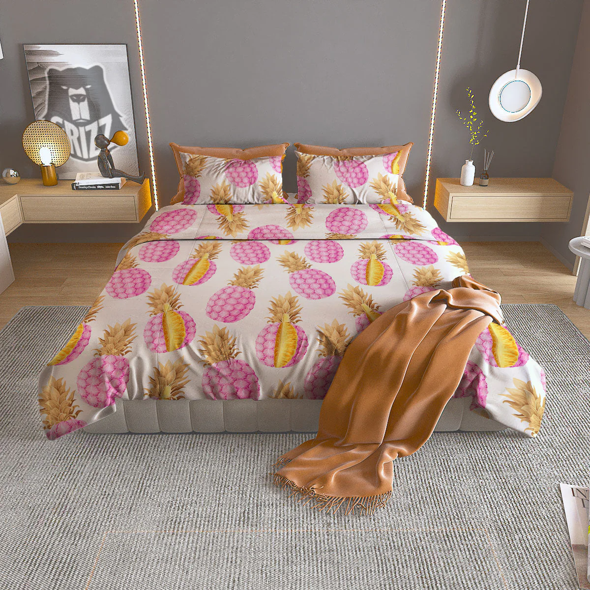 Pineapple Pink Vintage Print Pattern Duvet Cover Bedding Set