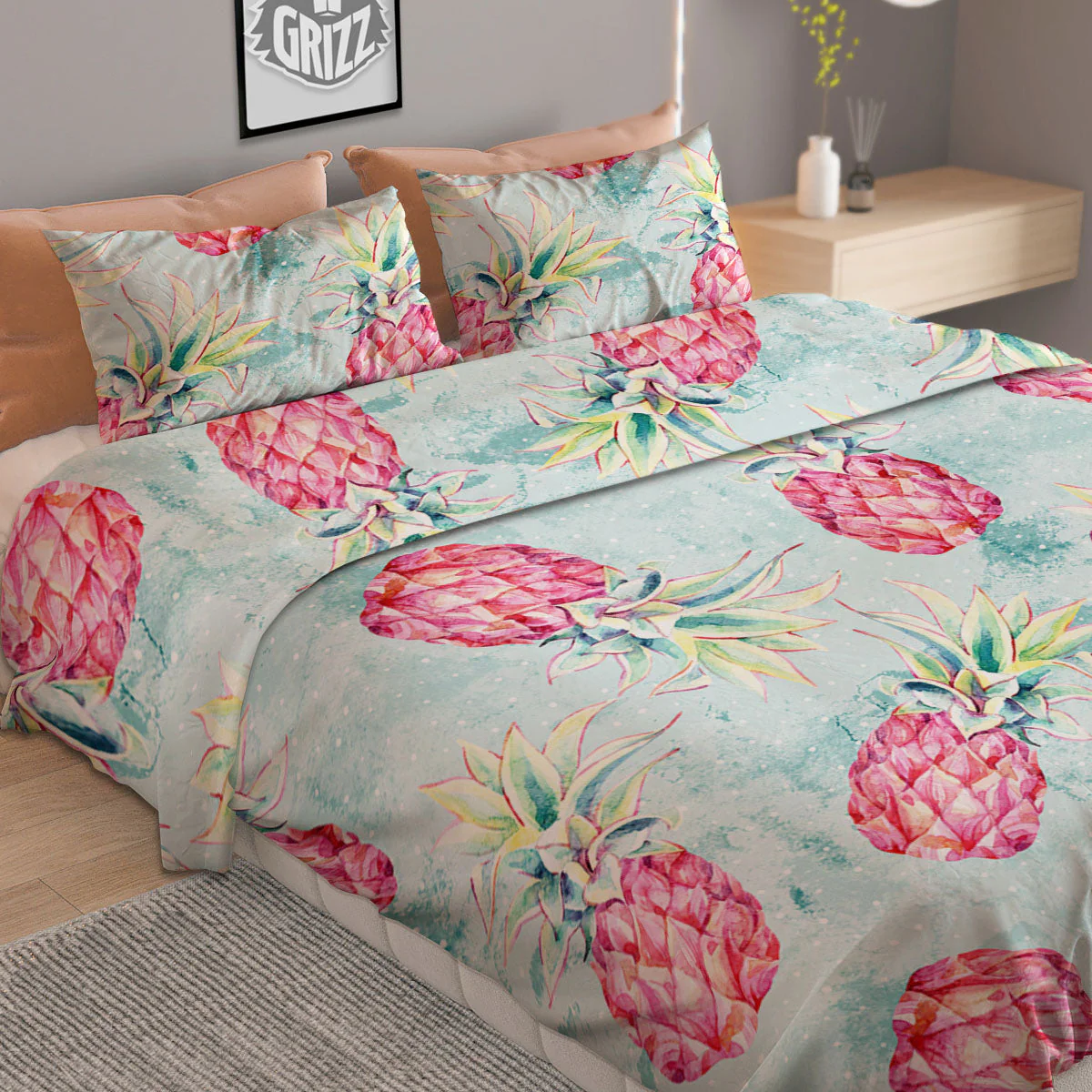 Pineapple Pink Watercolor Print Pattern Duvet Cover Bedding Set - Image 2