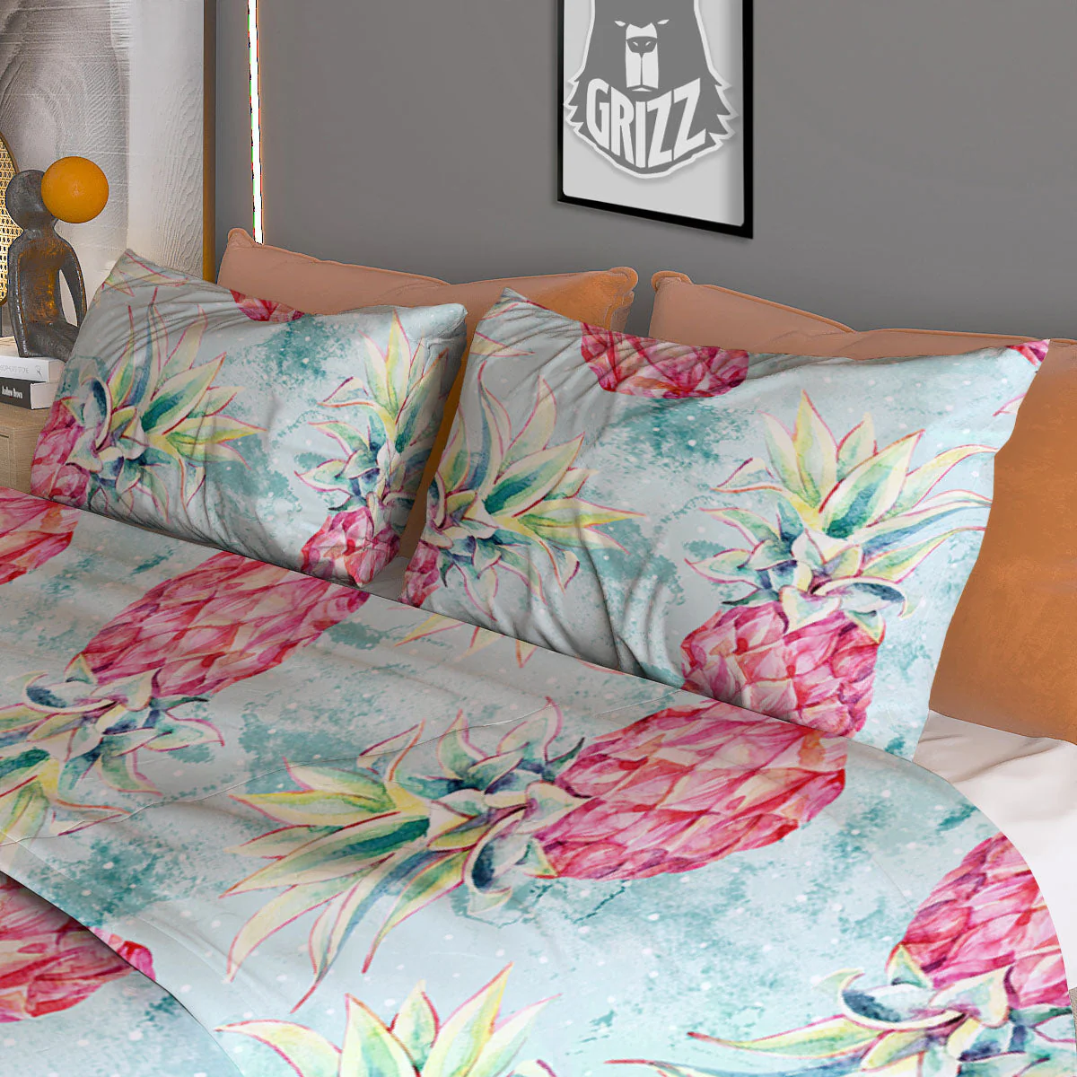 Pineapple Pink Watercolor Print Pattern Duvet Cover Bedding Set - Image 3