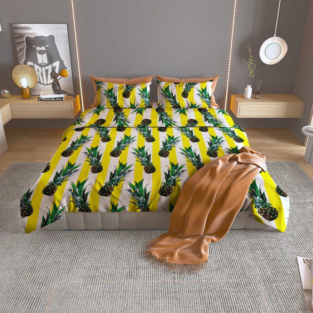 Pineapple Striped Yellow Print Pattern Duvet Cover Bedding Set