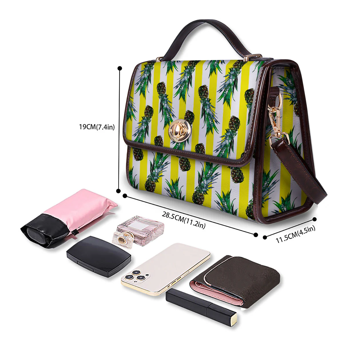 Pineapple Striped Yellow Print Pattern Women's Satchel Bag - Image 4