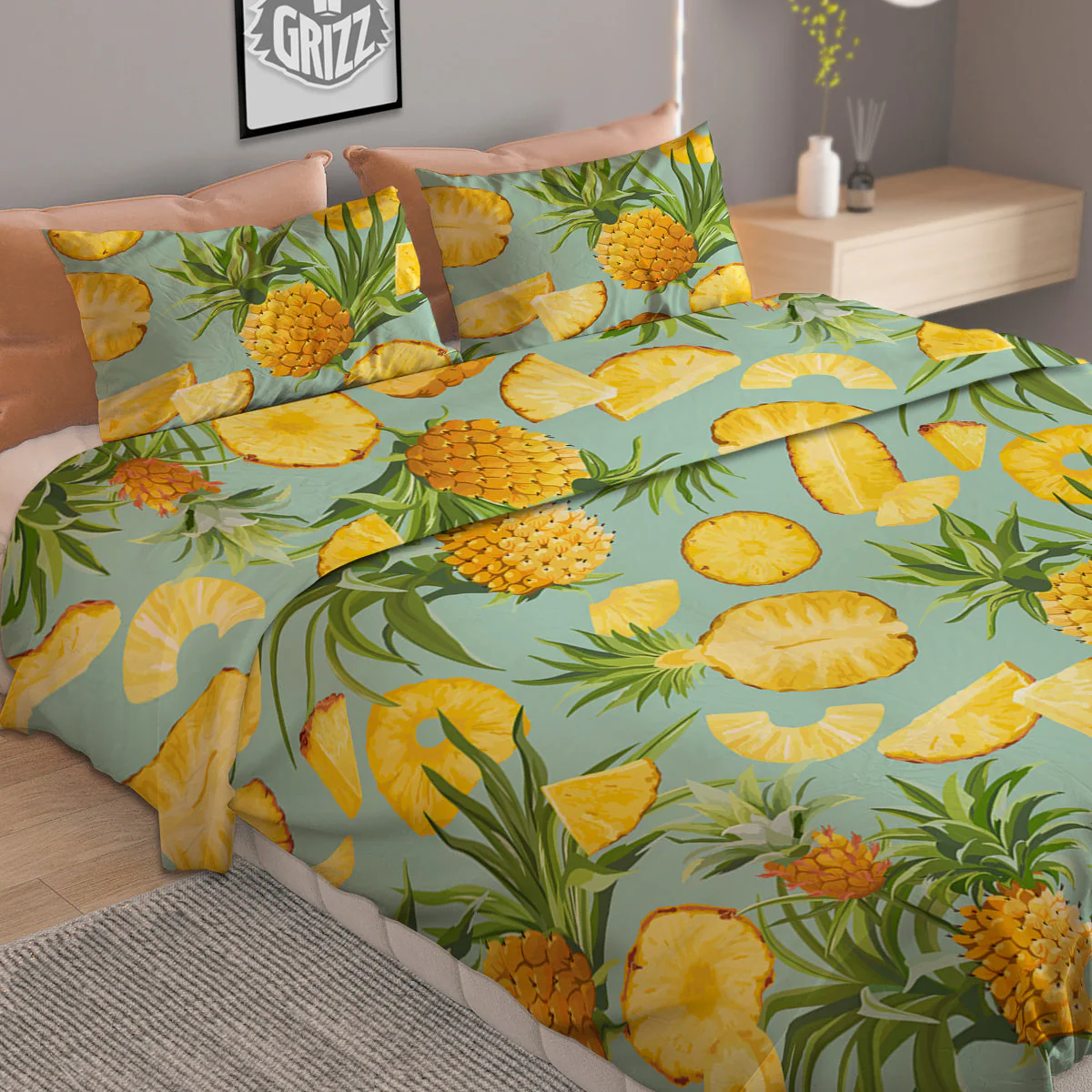 Pineapple Watercolor Print Pattern Duvet Cover Bedding Set - Image 2