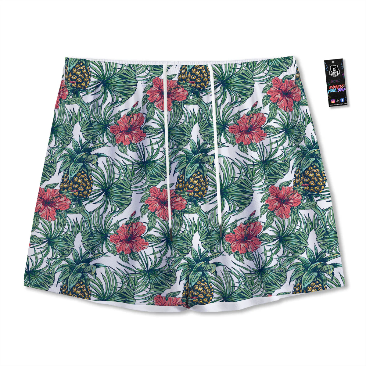 Pineapple White Tropical Print Pattern Mesh Shorts