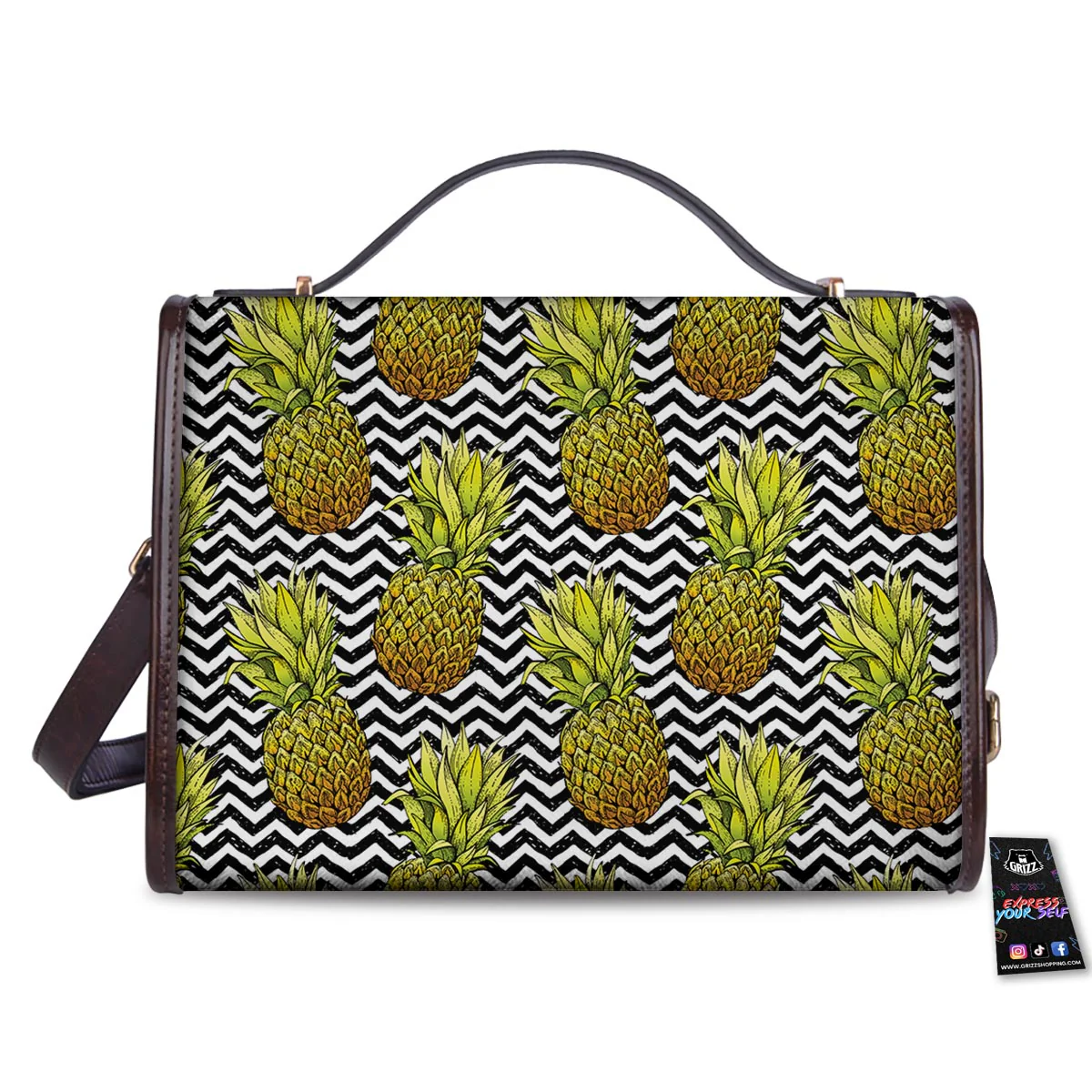 Pineapple White Zig Zag Print Pattern Women's Satchel Bag - Image 2