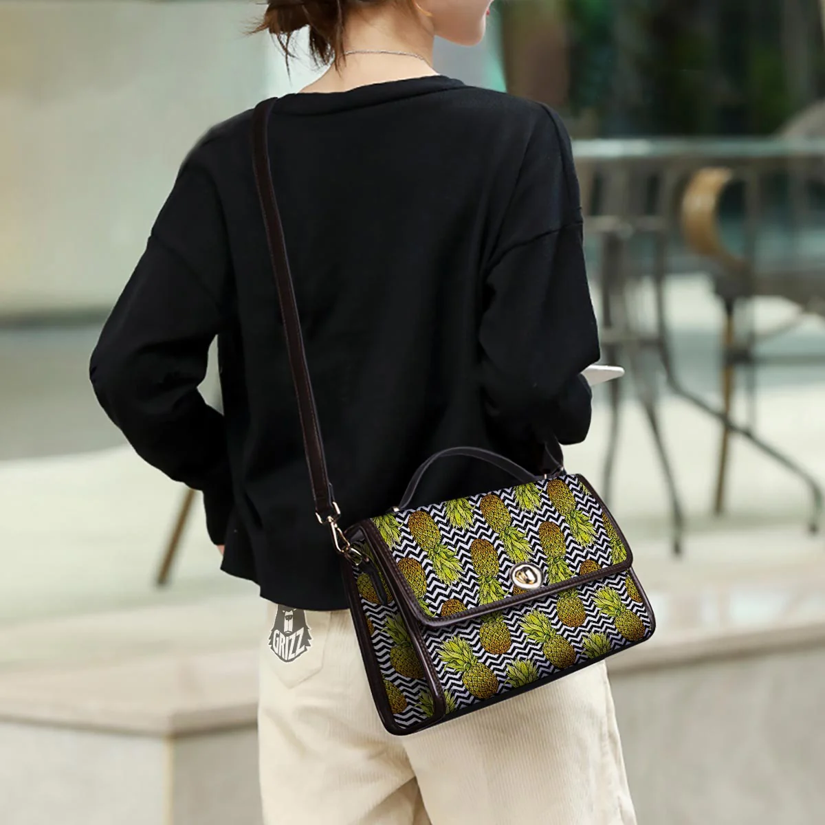 Pineapple White Zig Zag Print Pattern Women's Satchel Bag - Image 3