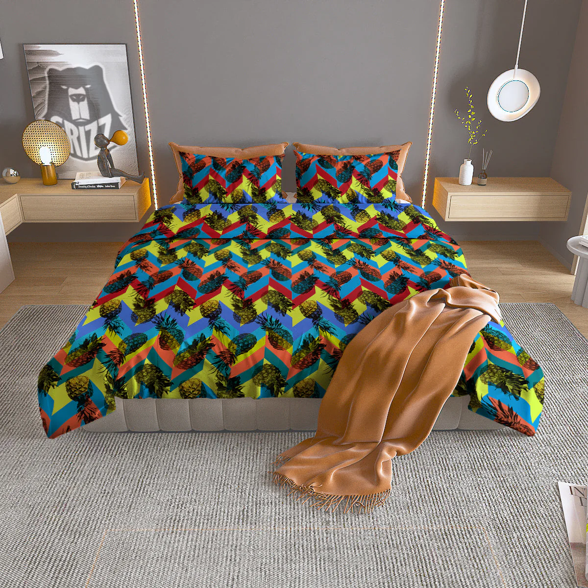 Pineapple Zigzag Print Pattern Duvet Cover Bedding Set