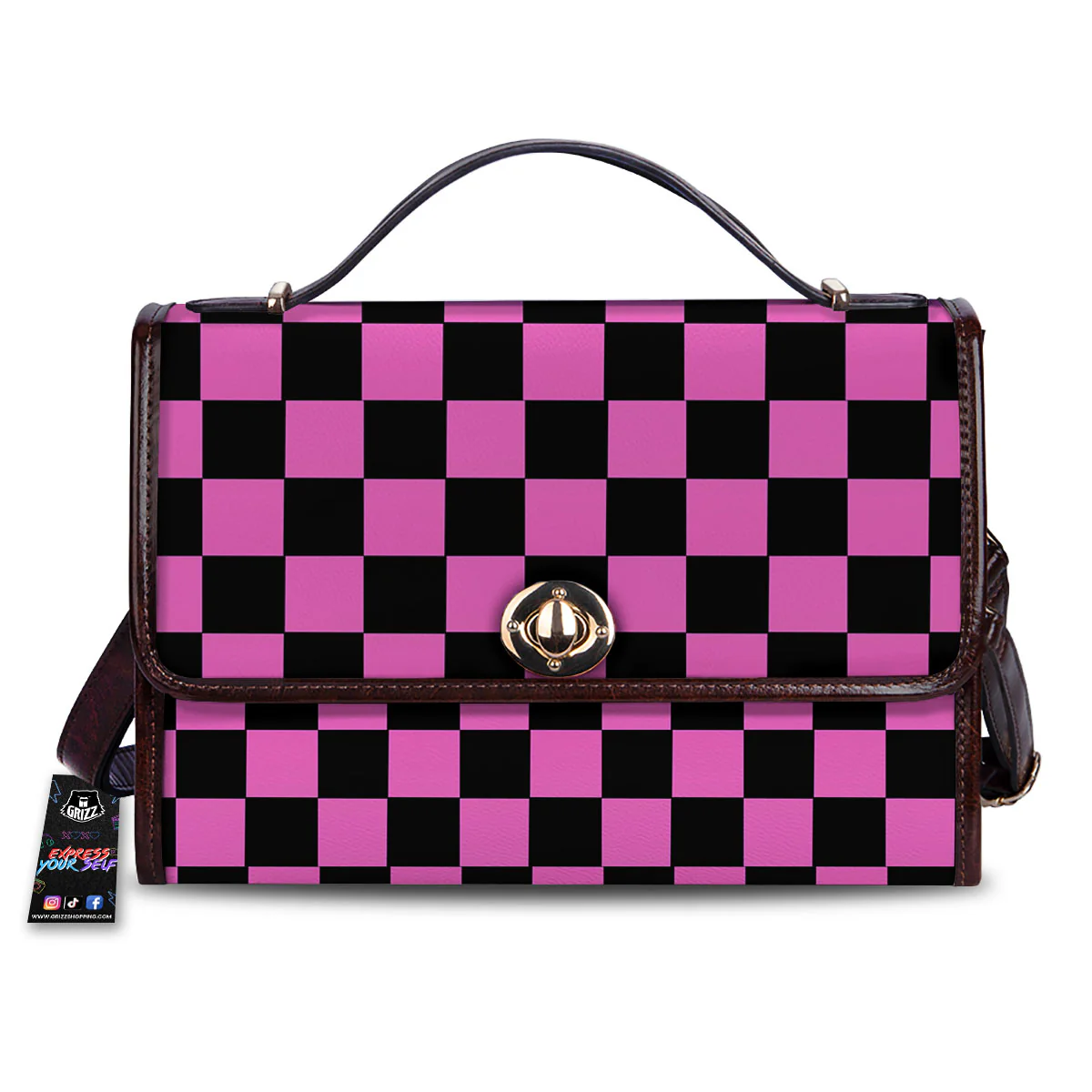 Pink And Black Checkered Print Pattern Women's Satchel Bag