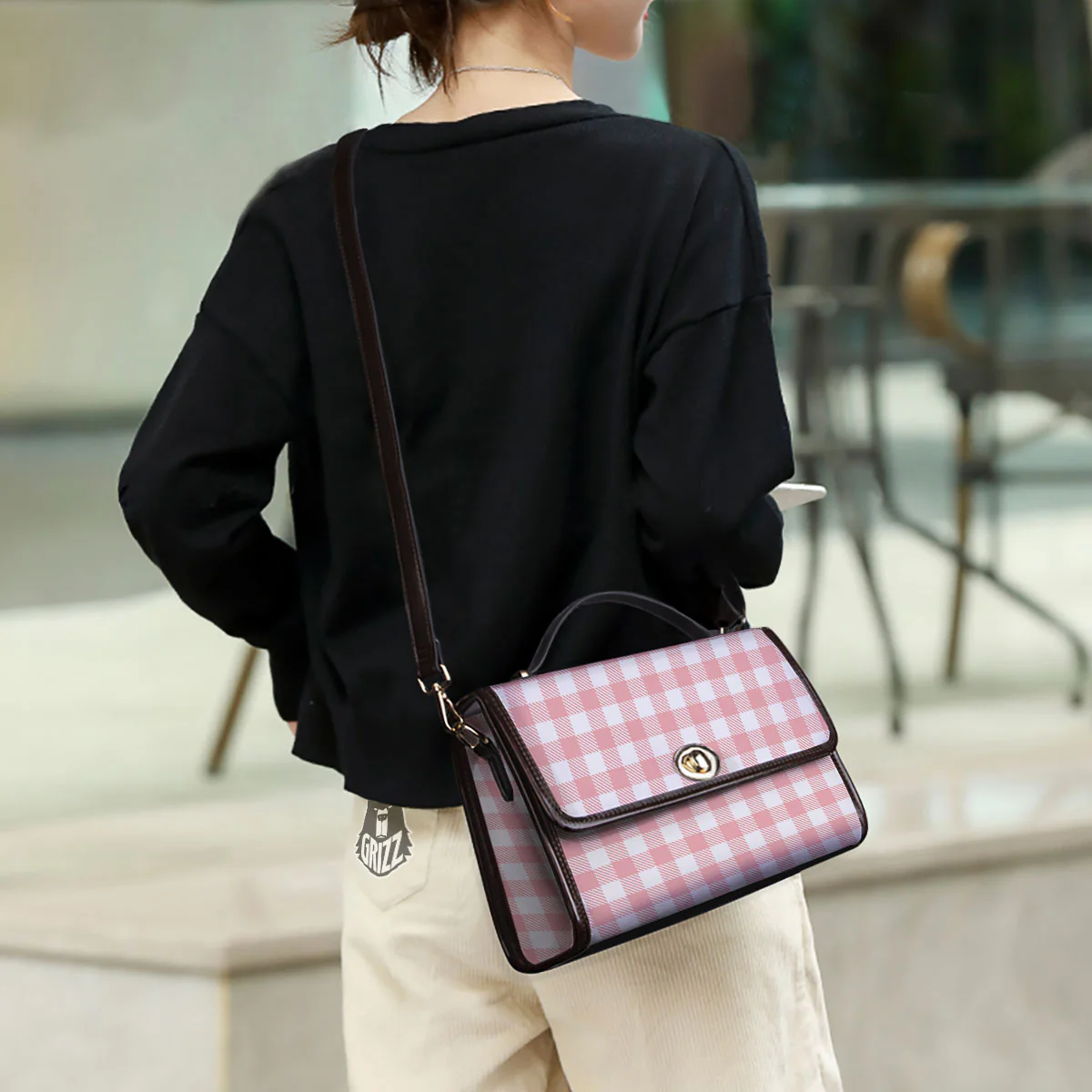 Pink And White Gingham Print Pattern Women's Satchel Bag - Image 3