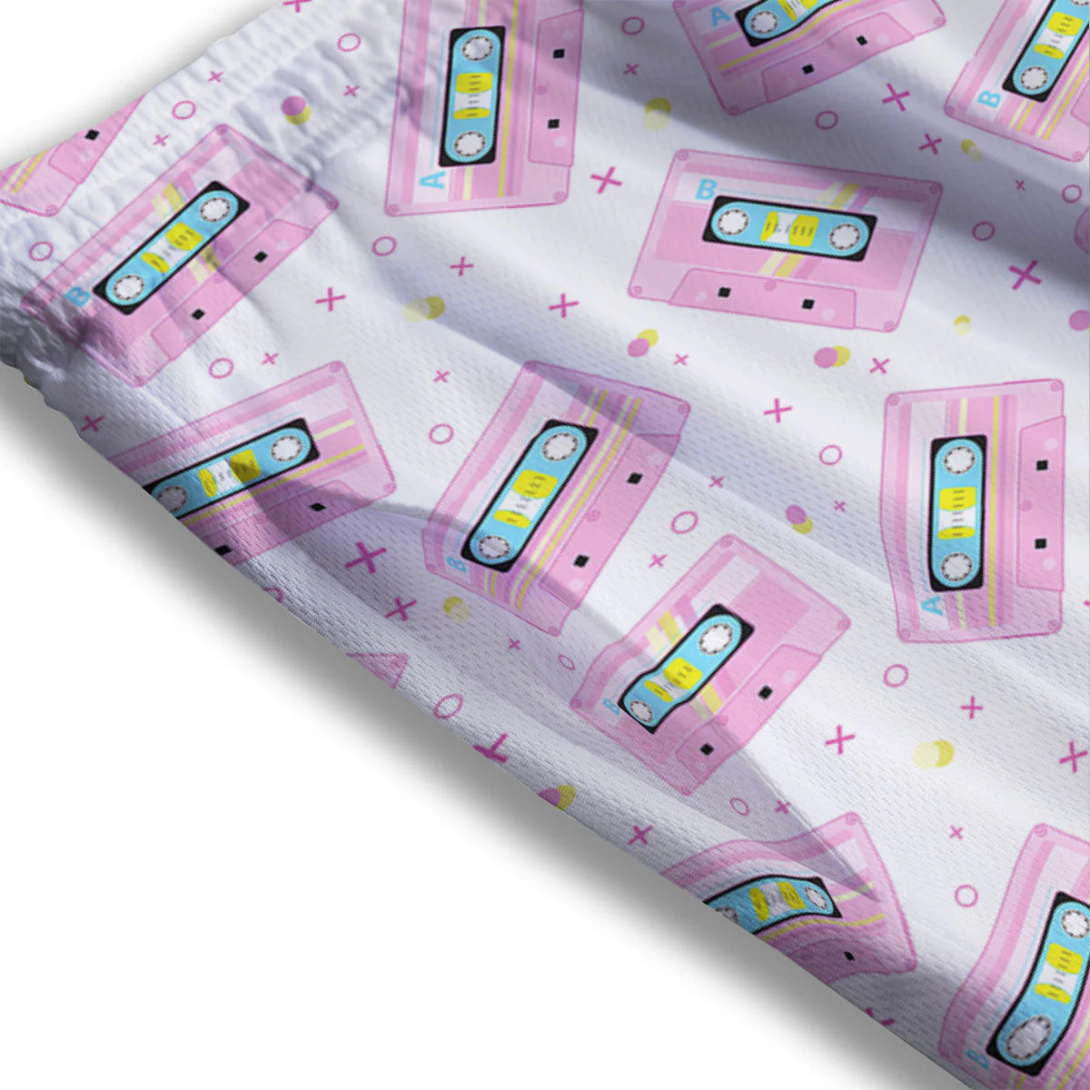 Pink Cassette Tape White Print Pattern Mesh Shorts - Image 3