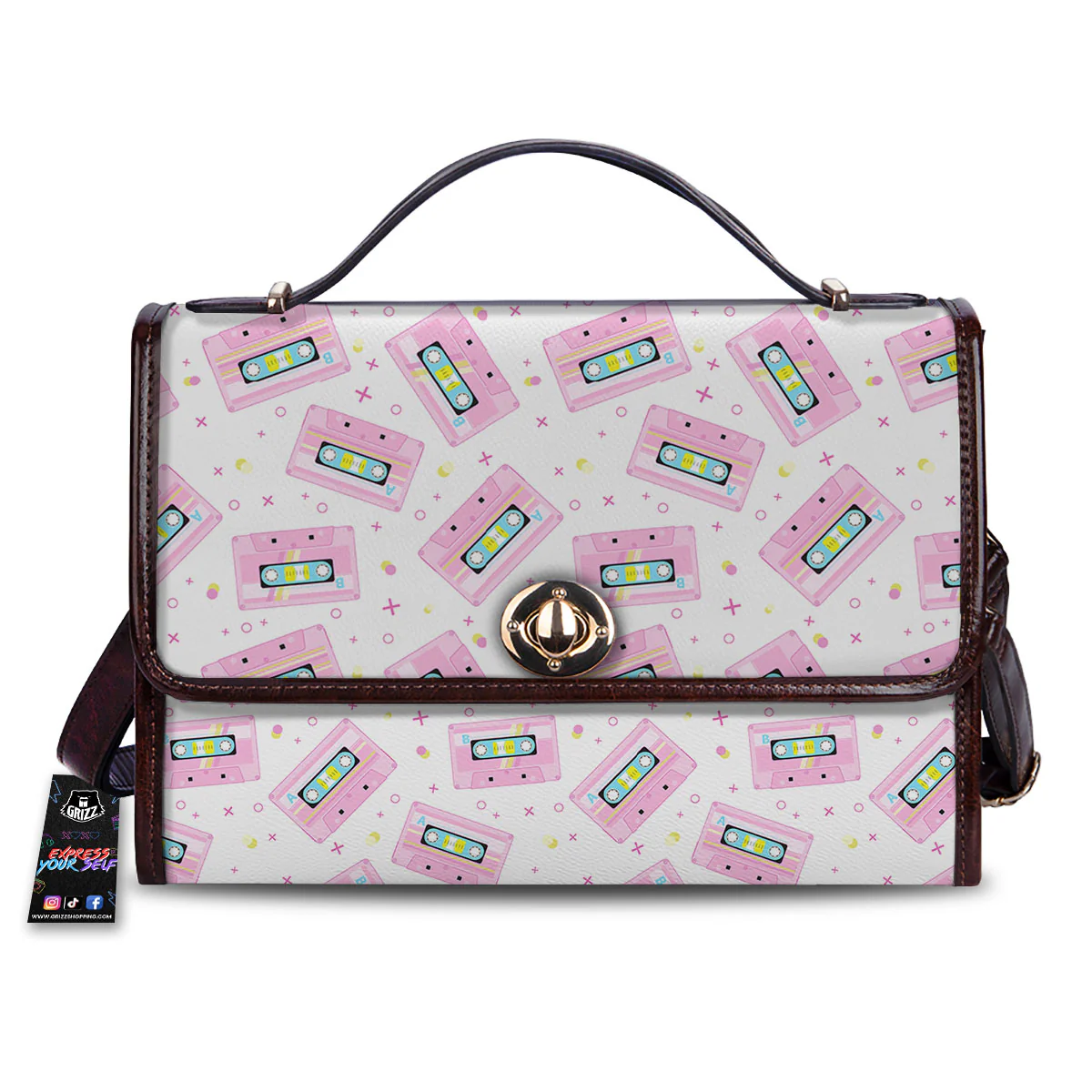 Pink Cassette Tape White Print Pattern Women's Satchel Bag