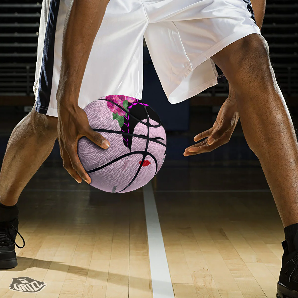 Pink Flower And Frida Kahlo Print Basketball - Image 3