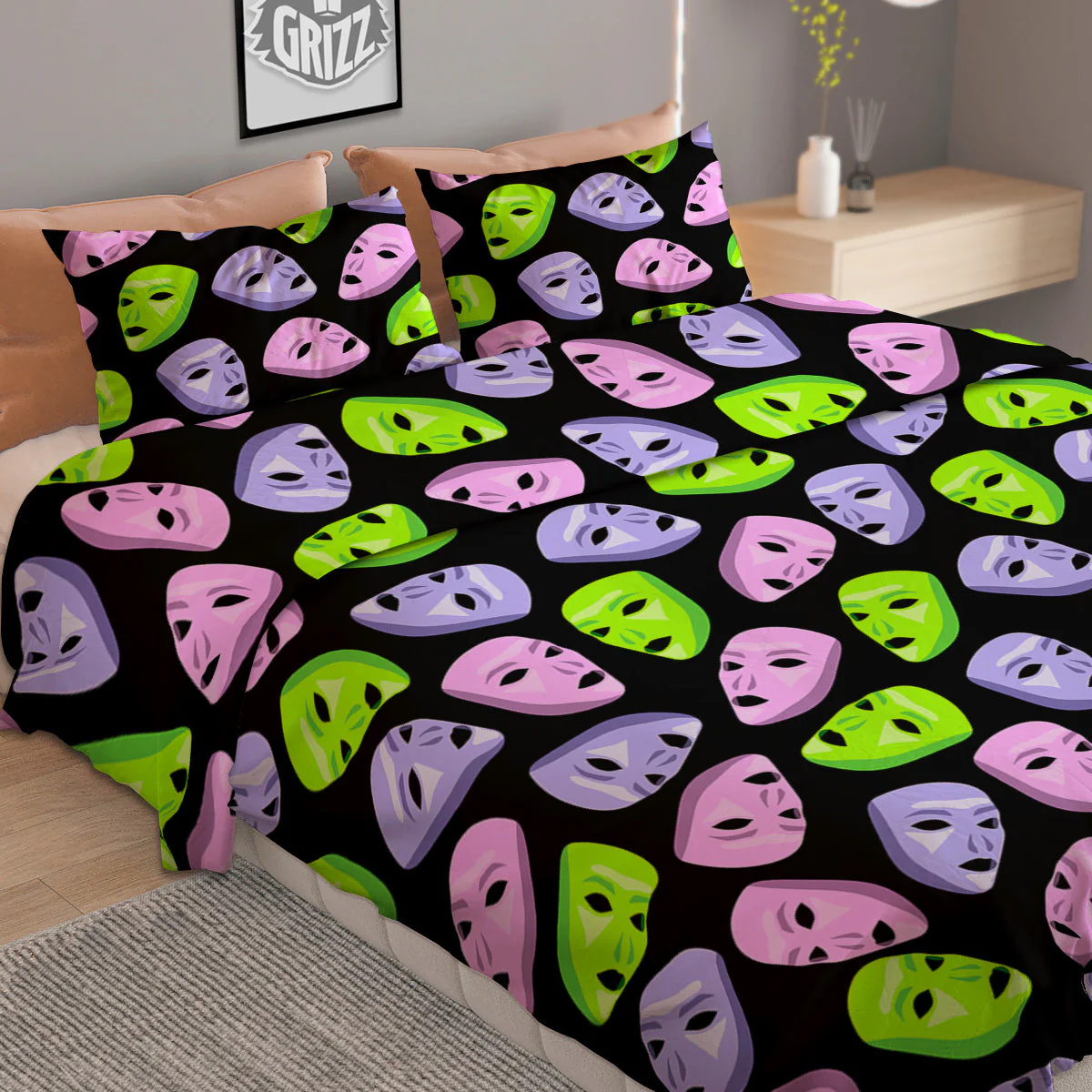 Pink Green And Purple Theater Masks Print Pattern Duvet Cover Bedding Set - Image 2